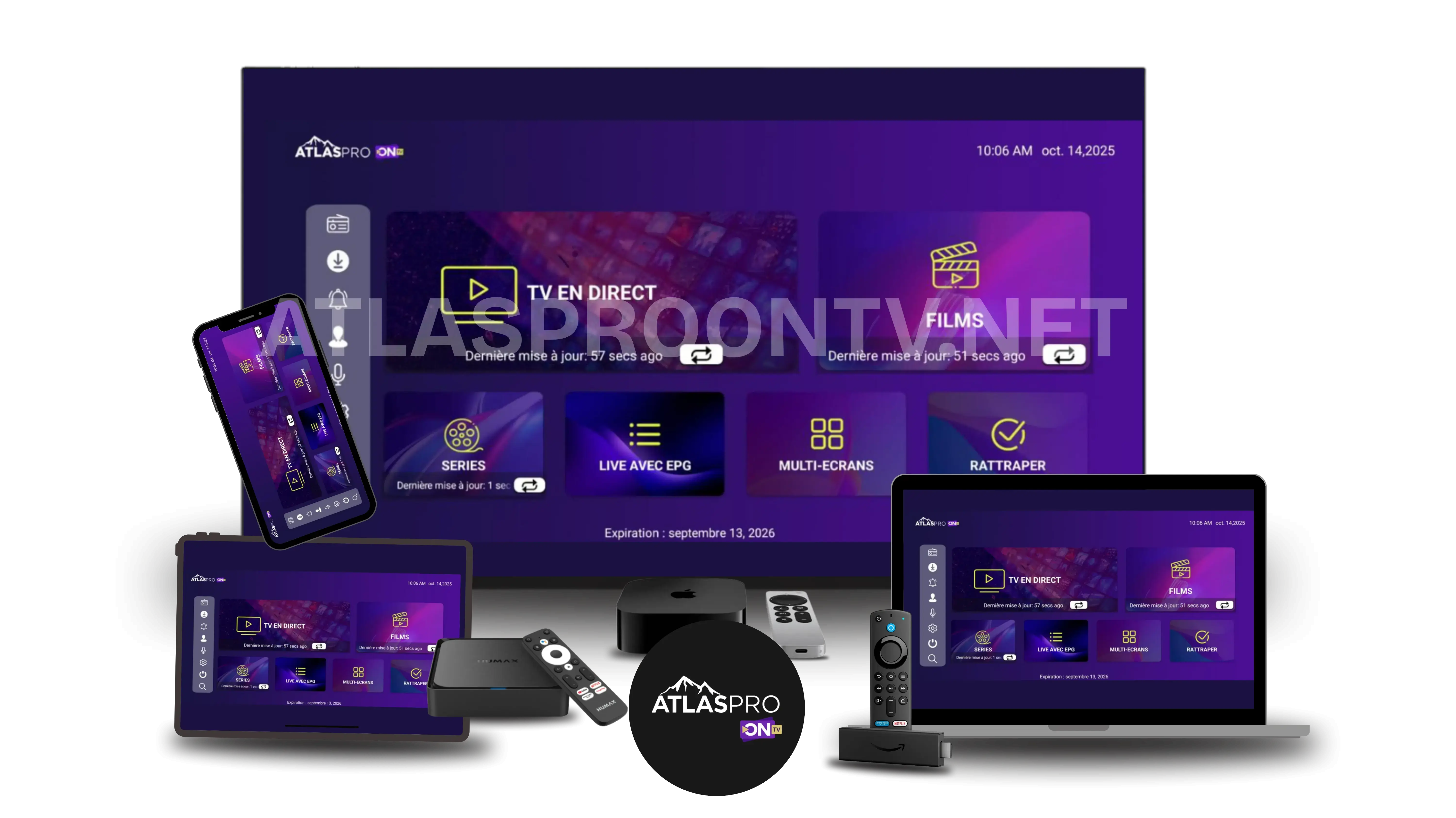 Appareils compatibles Atlas Pro ONTV : Smart TV, Android, iOS, Box IPTV, PC